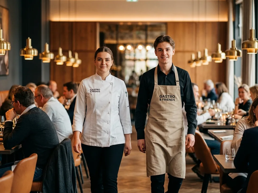 Köchin und Servicekraft von Gastro & Friends auf dem Weg durch ein Restaurant